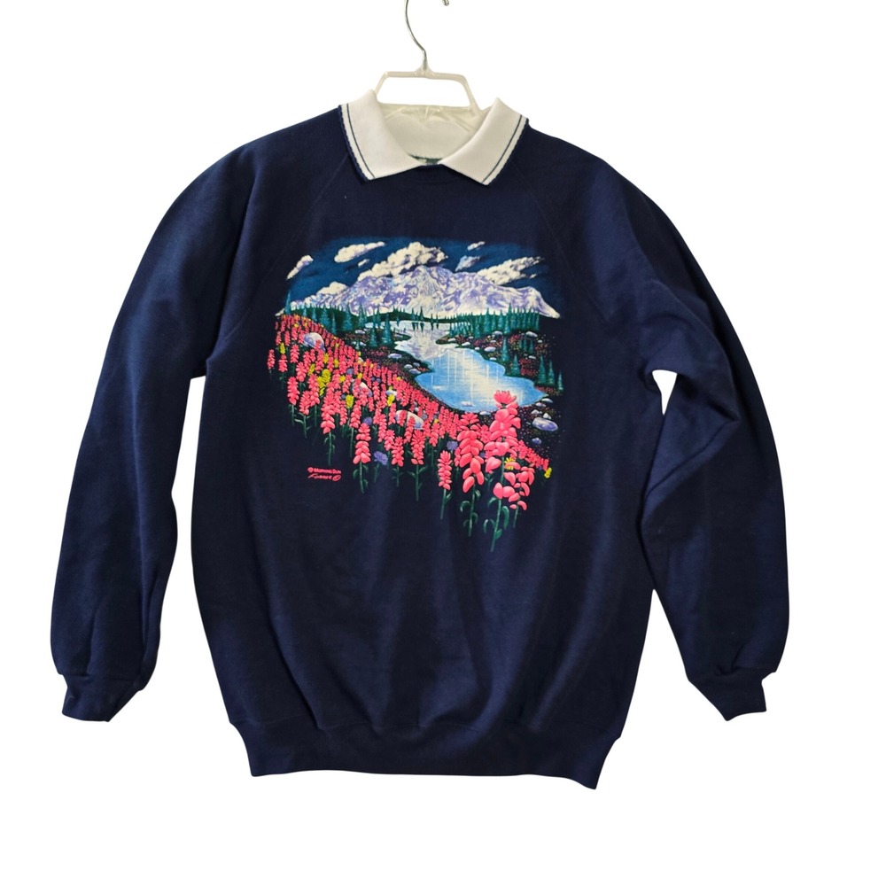 Cabin Creek Vintage‎ Scenic Collared Sweatshirt Large USA Made Mountain Lake